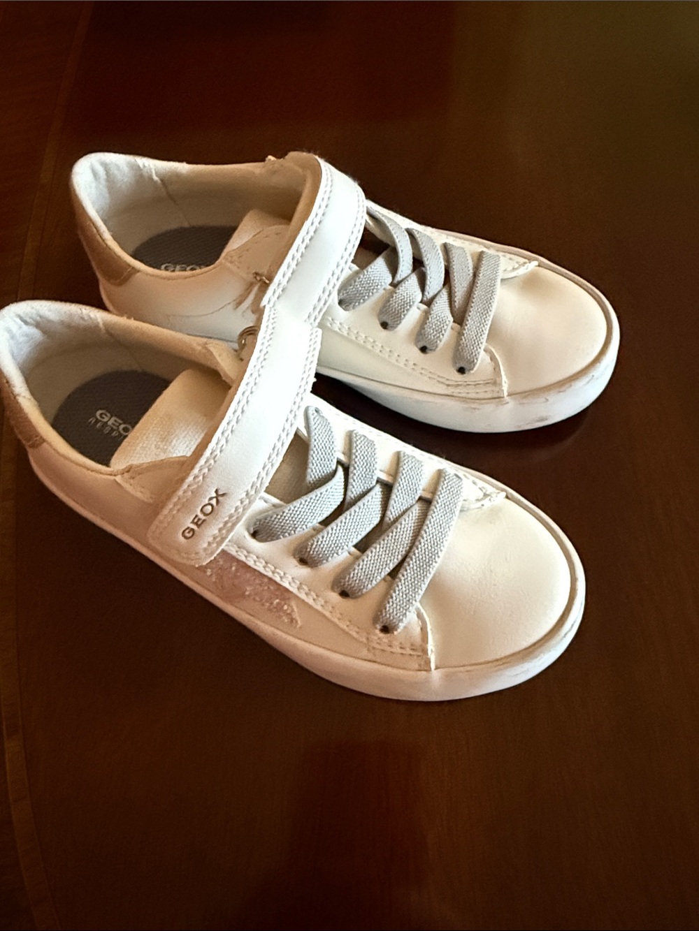 Geox Respira Kids White Leather Sneakers with Velcro Strap and Laces